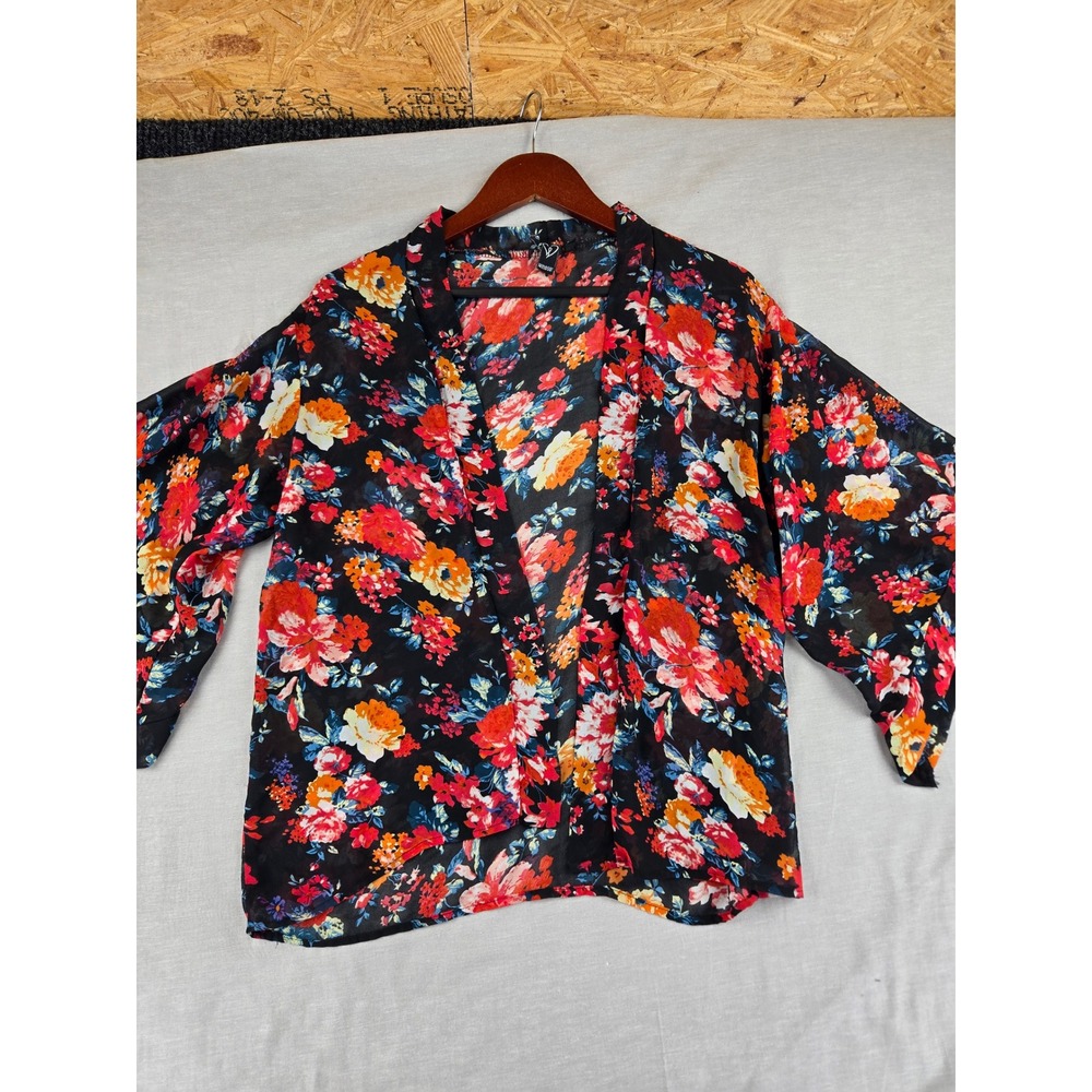 Windsor Womens XS Floral Kimono Cardigan Black Red Orange Sheer Open Front Top
